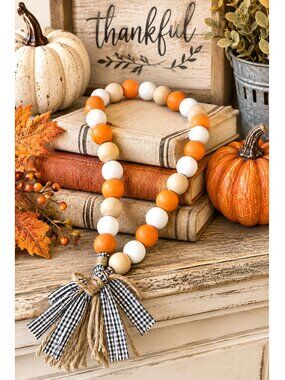 Fall Farmhouse Blessing Beads Orange Wood Bead Garland Gingham Tassel Home Décor